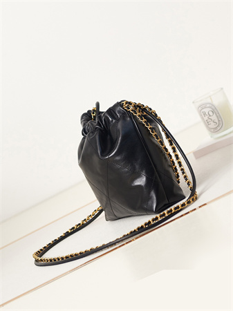 Cha.nel 22 Mini Handbag Shiny Calfskin Gold Tone Metal Black AS3980
