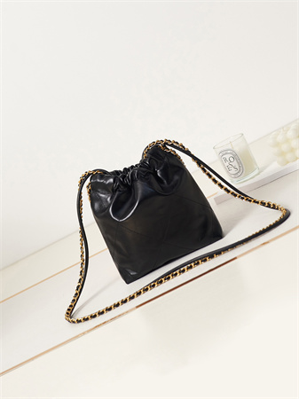 Cha.nel 22 Mini Handbag Shiny Calfskin Gold Tone Metal Black AS3980
