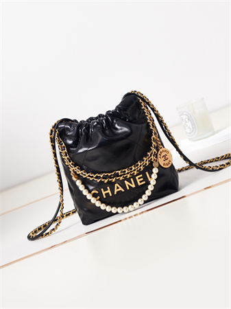 Cha.nel 22 Mini Handbag Shiny Calfskin Pearl Gold Tone Metal Black AS3980