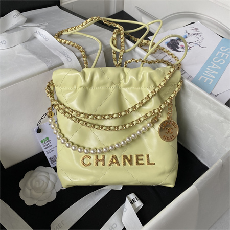 Cha.nel 22 Mini Handbag Shiny Calfskin Pearl Gold Tone Metal Lt Yellow AS3980