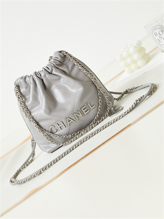 Cha.nel 22 Mini Handbag Shiny Calfskin Silver Tone Metal Grey AS3980