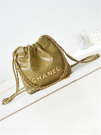 Cha.nel 22 Mini Handbag Shiny Calfskin Gold Tone Metal Mustard AS3980