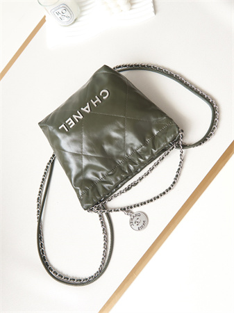 Cha.nel 22 Mini Handbag Shiny Calfskin Silver Tone Metal Dk Green AS3980