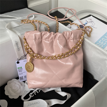 Cha.nel 22 Mini Handbag Shiny Calfskin Gold Tone Metal Pink AS3980