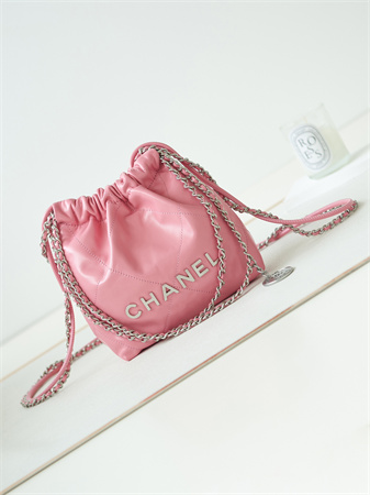 Cha.nel 22 Mini Handbag Shiny Calfskin Silver Tone Metal Lt Pink AS3980