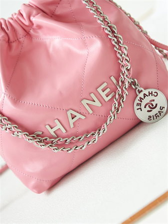 Cha.nel 22 Mini Handbag Shiny Calfskin Silver Tone Metal Lt Pink AS3980