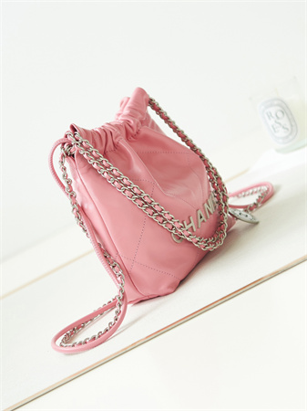 Cha.nel 22 Mini Handbag Shiny Calfskin Silver Tone Metal Lt Pink AS3980
