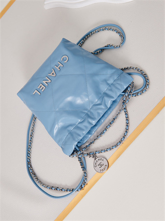 Cha.nel 22 Mini Handbag Shiny Calfskin Silver Tone Metal Blue AS3980