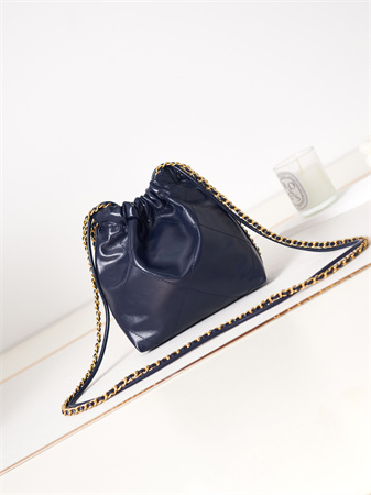 Cha.nel 22 Mini Handbag Shiny Calfskin Gold Tone Metal Navy AS3980