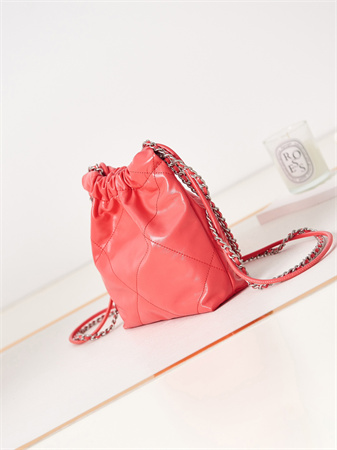 Cha.nel 22 Mini Handbag Shiny Calfskin Silver Tone Metal WaterMelon Red AS3980
