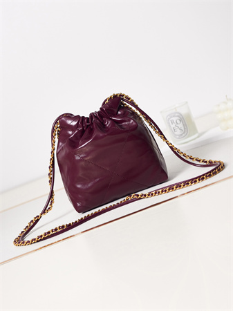 Cha.nel 22 Mini Handbag Shiny Calfskin Gold Tone Metal Burgundy AS3980