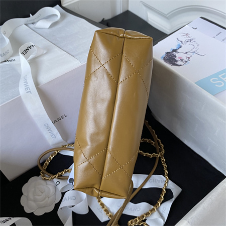 Cha.nel 22 Mini Handbag Shiny Calfskin Gold Tone Metal Brown AS3980