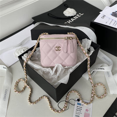 Cha.nel Vanity Case Grained Calfskin Gold Tone Metal Pink AP1340