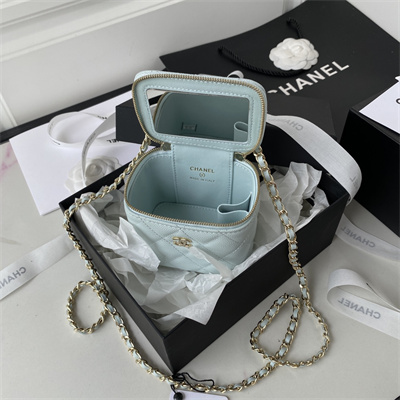 Cha.nel Vanity Case Grained Calfskin Gold Tone Metal Pale Blue AP1340