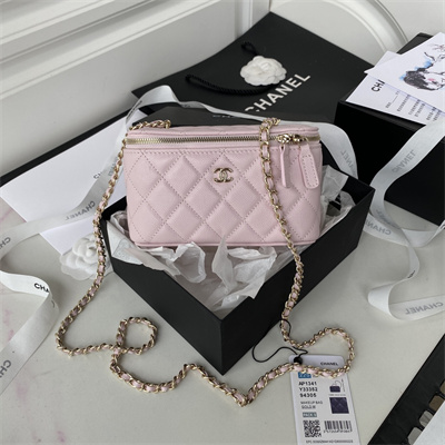 Cha.nel Vanity Case Grained Calfskin Gold Tone Metal Pink AP1341