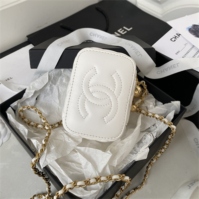 Cha.nel Vanity Case With Ball Lambskin Gold Tone Metal White AP1447