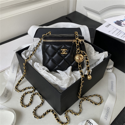 Cha.nel Vanity Case With Ball Lambskin Gold Tone Metal Black AP1447