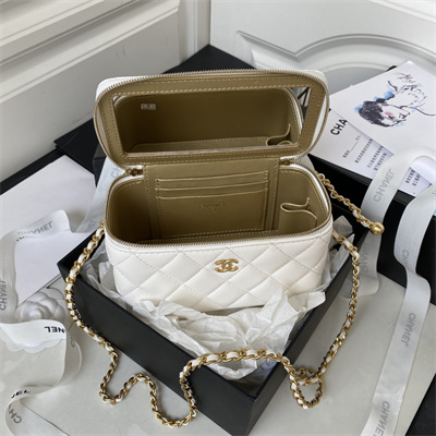 Cha.nel Vanity Case With Ball Lambskin Gold Tone Metal White AP2303