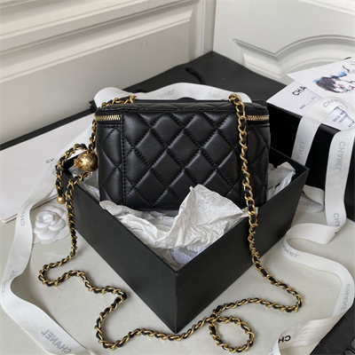 Cha.nel Vanity Case With Ball Lambskin Gold Tone Metal Black AP2303