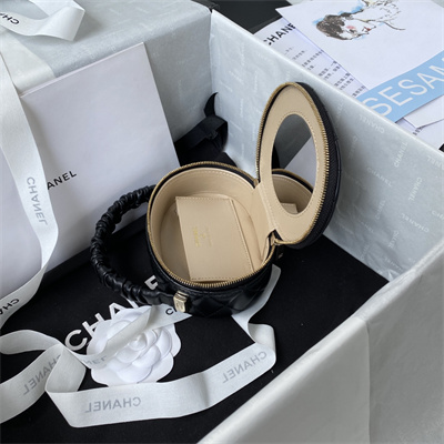 Cha.nel Vanity Case With Top Handle Lambskin Gold Tone Metal Black AP2731