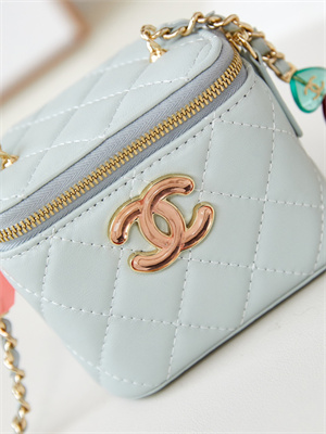 Cha.nel Vanity Case Lambskin Gold Tone Metal Blue AP3230