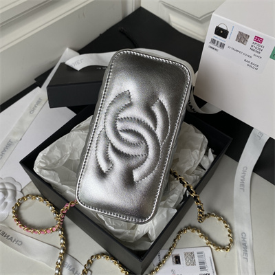 Cha.nel Vanity Case With Top Handle Lambskin Gold Tone Metal Silver AP3243