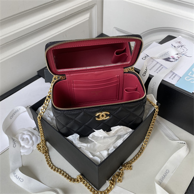 Cha.nel Vanity Case Lambskin Gold Tone Metal Black AP3301