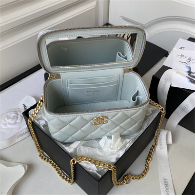 Cha.nel Vanity Case Lambskin Gold Tone Metal Blue AP3301
