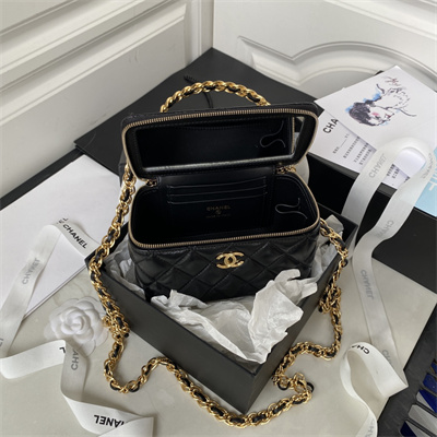 Cha.nel Vanity Case With Top Handle Lambskin Gold Tone Metal Black AP3315