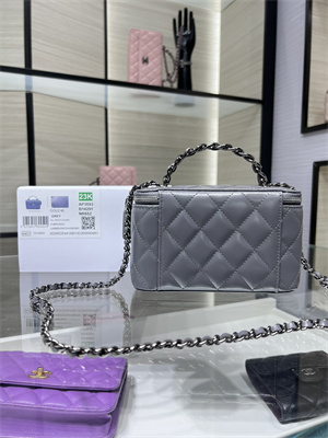 Cha.nel Clutch With Chain Vanity Shiny Crumpled Calfskin, Strass & Ruthenium-Finish Metal Grey AP3593