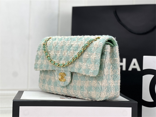 Cha.nel Mini Classic Flap Bag Tweed Gold Tone Metal Green A01116