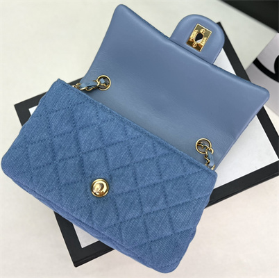 Cha.nel Mini Classic Flap Bag Denim Gold Tone Metal A01116