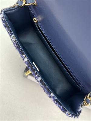 Cha.nel Mini Classic Flap Bag Tweed Gold Tone Metal Navy A01116