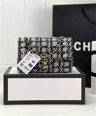 Cha.nel Mini Classic Flap Bag Tweed Gold Tone Metal Black A01116