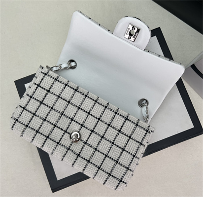 Cha.nel Mini Classic Flap Bag Tweed Silver Tone Metal White A01116