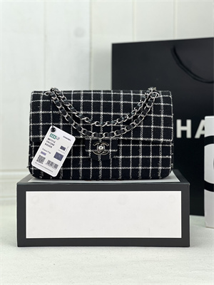 Cha.nel Medium Classic Flap Bag Tweed Silver Tone Metal Black A01112