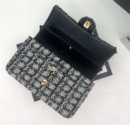 Cha.nel Medium Classic Flap Bag Tweed Gold Tone Metal Black A01112