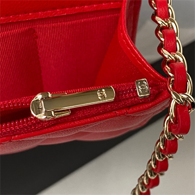 Cha.nel Clutch/Phone Holder With Chain Gold Tone Metal Red AP3226