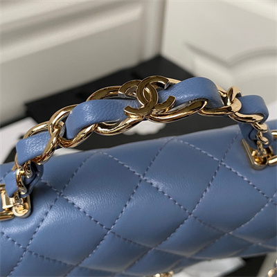 Cha.nel Clutch/Phone Holder With Chain Gold Tone Metal Blue AP3226