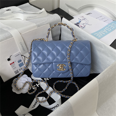 Cha.nel Mini Flap Bag With Top Handle Lambskin Gold Tone Metal Blue AS2431