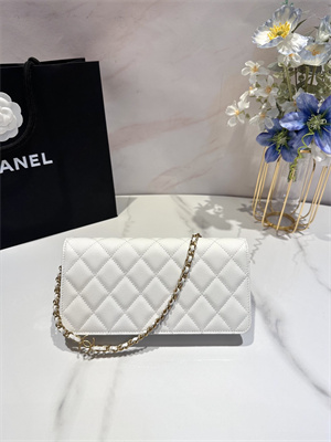 Cha.nel Clutch With Chain Grained Calfskin Gold Tone Metal White AP3581