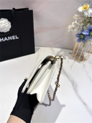 Cha.nel Clutch With Chain Grained Calfskin Gold Tone Metal White AP3581