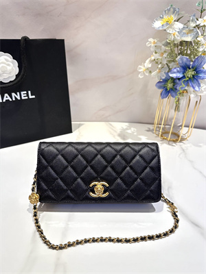 Cha.nel Clutch With Chain Grained Calfskin Gold Tone Metal Black AP3581