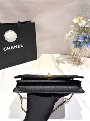 Cha.nel Clutch With Chain Grained Calfskin Gold Tone Metal Black AP3581