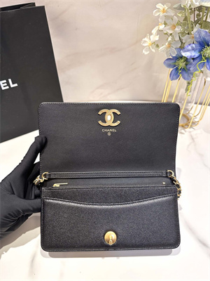 Cha.nel Clutch With Chain Grained Calfskin Gold Tone Metal Black AP3581