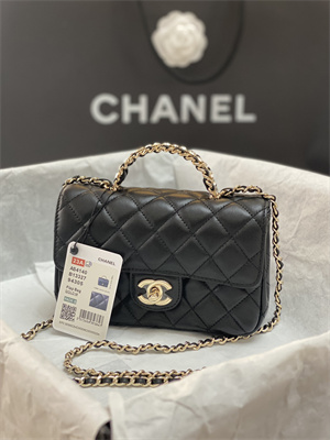cha.nel mini flap bag with Di*m*nd top handle lambskin gold tone metal black as4140