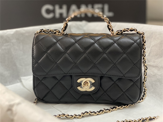cha.nel mini flap bag with Di*m*nd top handle lambskin gold tone metal black as4140