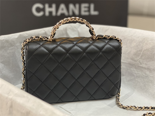 cha.nel mini flap bag with Di*m*nd top handle lambskin gold tone metal black as4140