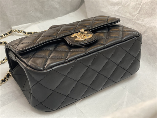 cha.nel mini flap bag with Di*m*nd top handle lambskin gold tone metal black as4140