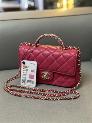 cha.nel mini flap bag with Di*m*nd top handle lambskin gold tone metal red as4140